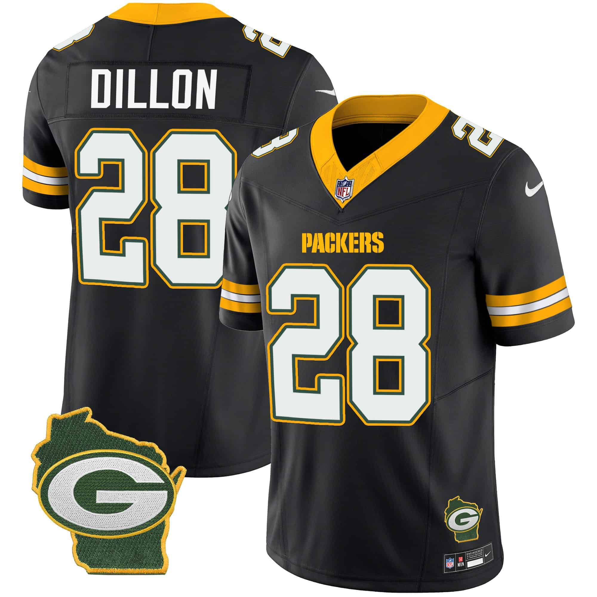 Men Green Bay Packers 28 Dillon Black 2024 Nike Home Patch Vapor NFL Jersey style 1
